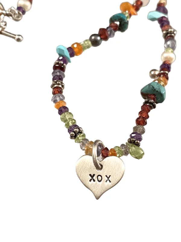 minimalist gold necklaces for women -18" Multi Gemstone XOX Heart Charm Necklace