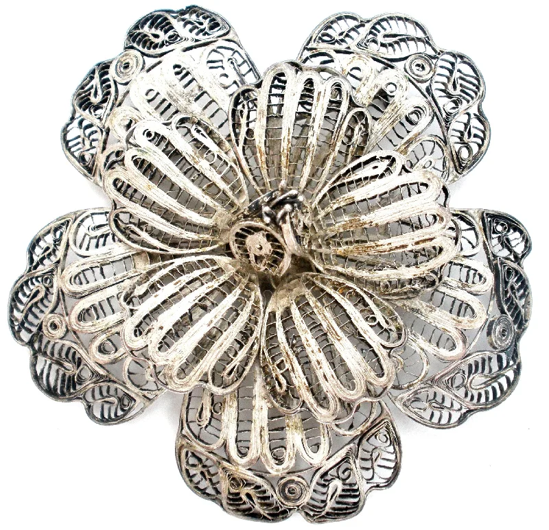 Large Cannetille Flower Sterling Silver Brooch Vintage