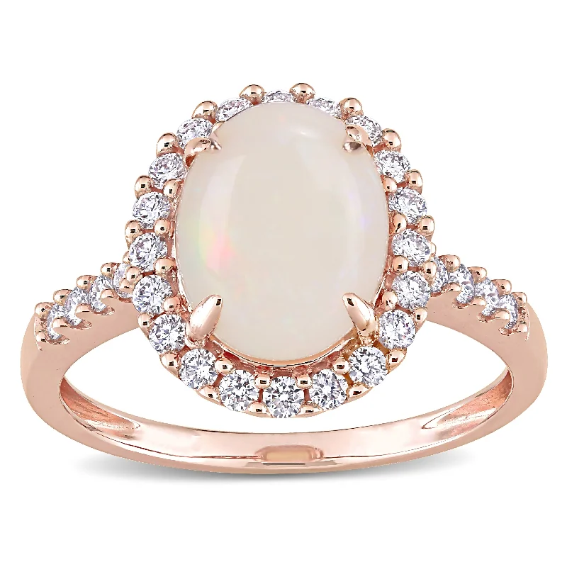 custom rings for women -Miadora 14k Rose Gold Oval-cut Opal and 2/5ct TDW Diamond Halo Cocktail Ring