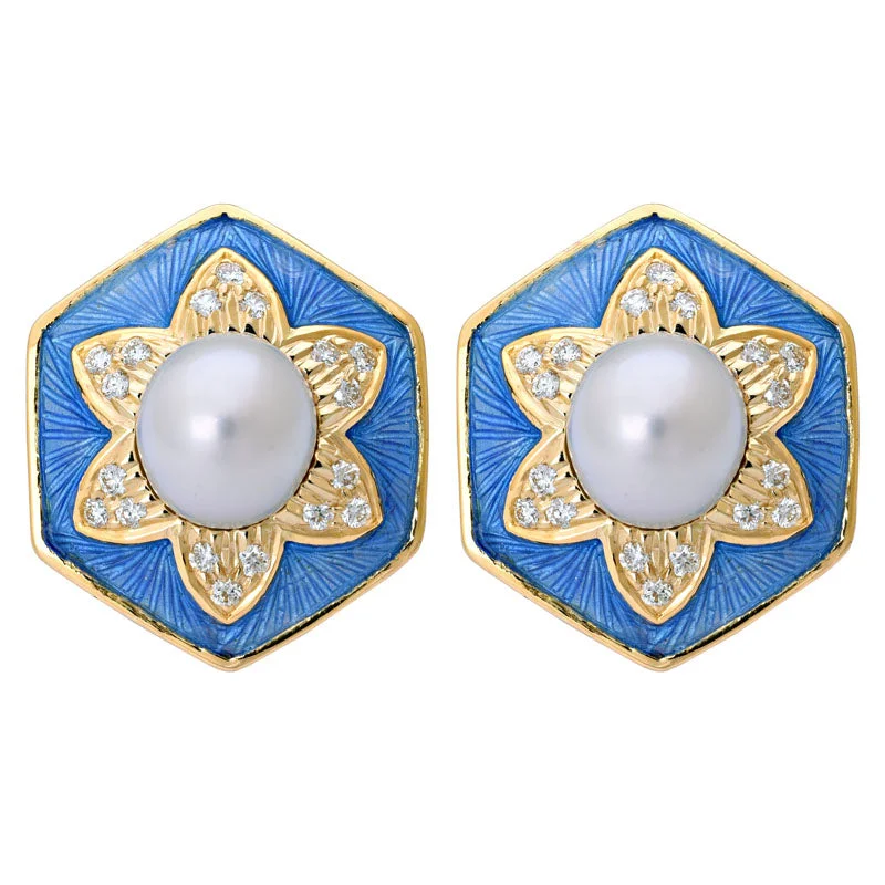 simple gold earrings for women -Earrings-South Sea Pearl and Diamond (Enamel)