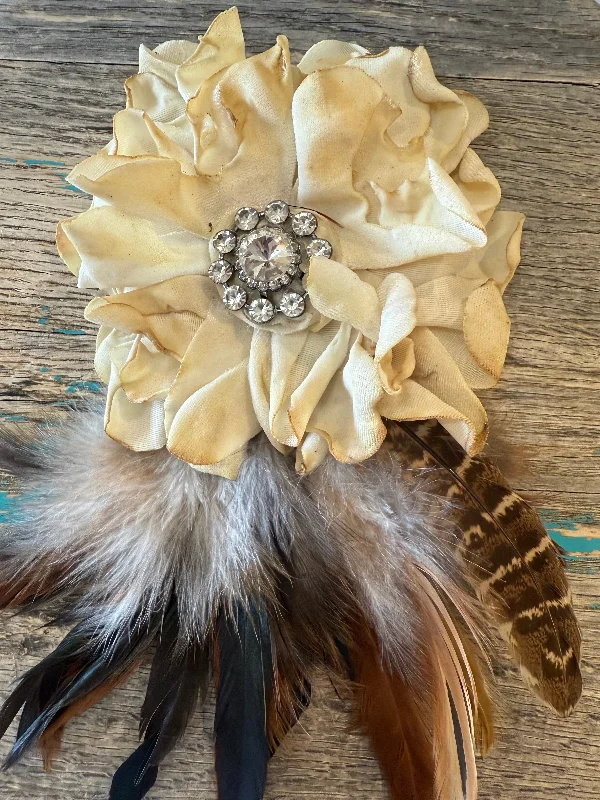 One of a Kind Flower Brooch w/Cream Feathers