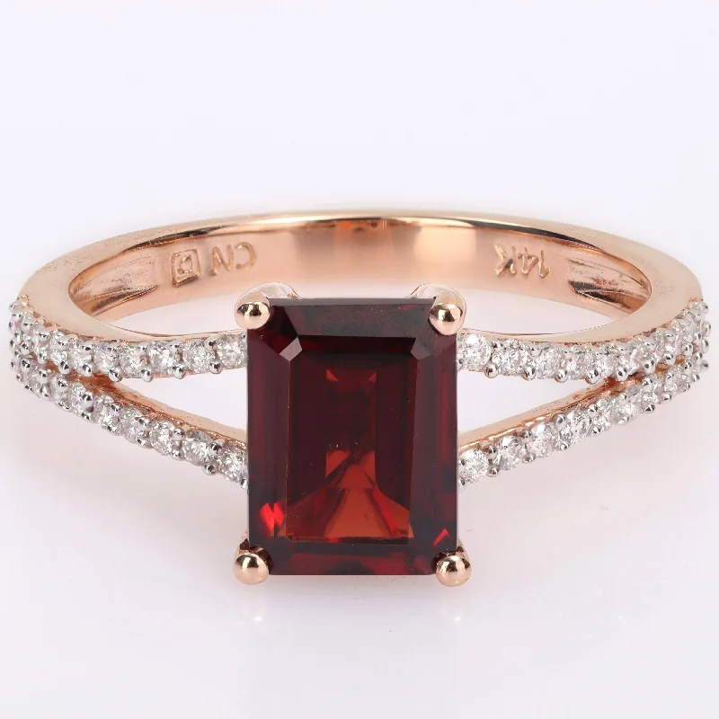 vintage solitaire rings -Miadora Octagon-Cut Garnet and 1/5ct TDW Diamond Split Shank Cocktail Ring in 14k Rose Gold