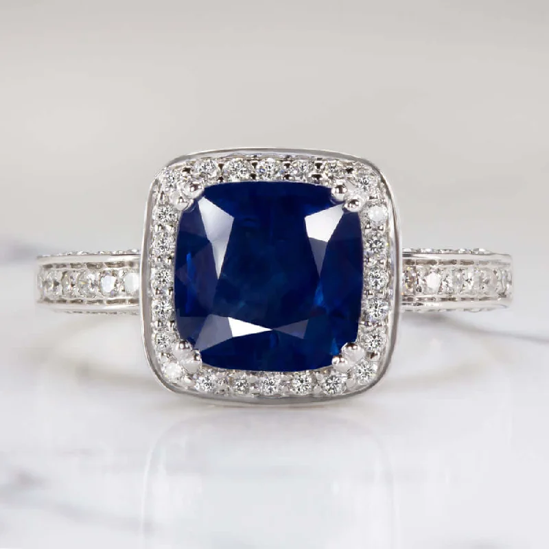 fashion promise rings -2.95ctw SAPPHIRE DIAMOND COCKTAIL RING HALO CUSHION CUT WHITE GOLD ENGAGEMENT