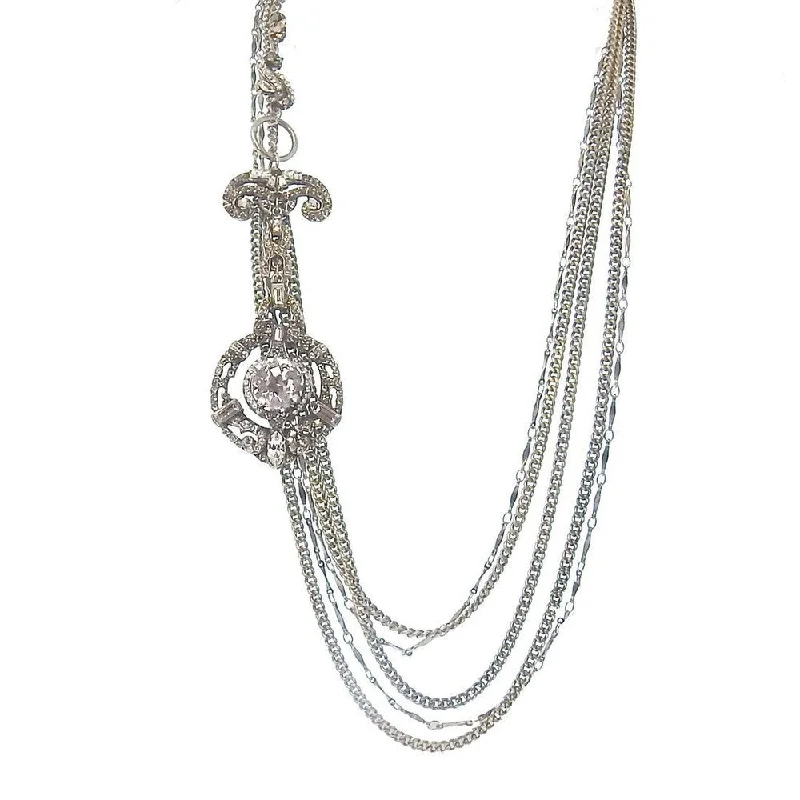 luxury necklaces for brides -Multistrand Silver Chain Long Drop Tassle Necklace Cabachon Pendant