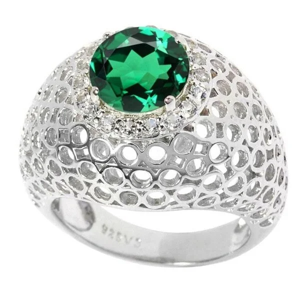 gold rings for women -Sterling Silver Green Emerald and White Topaz Cut-Out Dome Ring