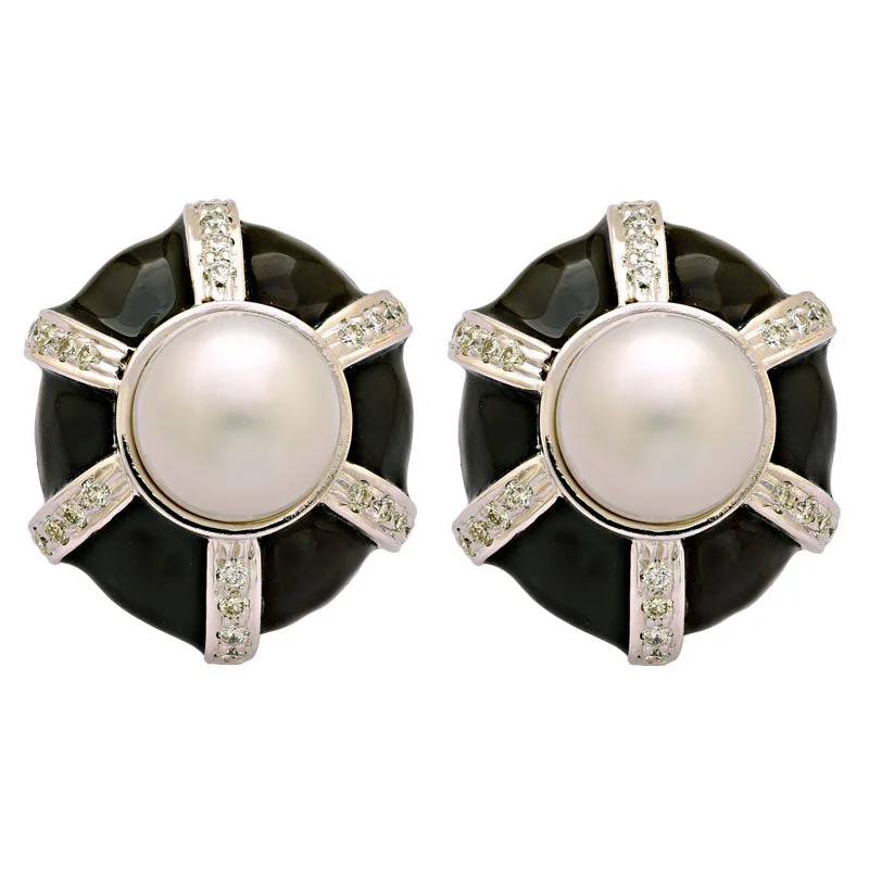 antique earrings for women -Earrings-South Sea Pearl and Diamond (Enamel)