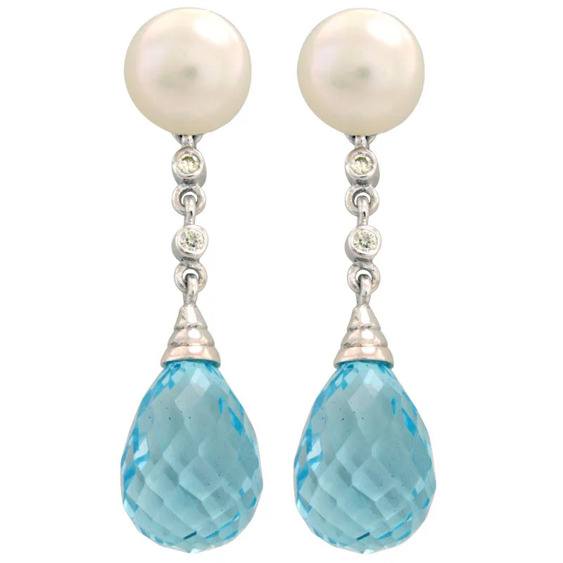 simple earrings for women -Earrings-Blue Topaz, Fresh Water Pearl and Diamond