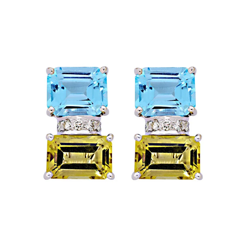 romantic earrings for women -Earrings-Blue Topaz, Lemon Quartz and Diamond