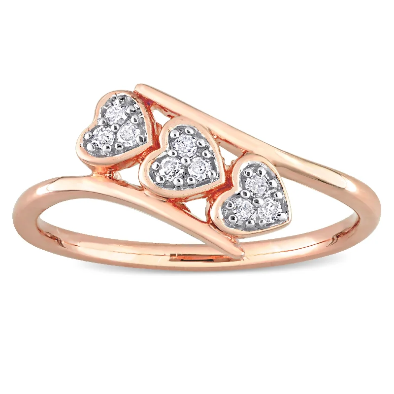 anniversary rings for women -Miadora 1/10ct TDW Diamond Triple Heart Promise Ring in Rose Plated Sterling Silver