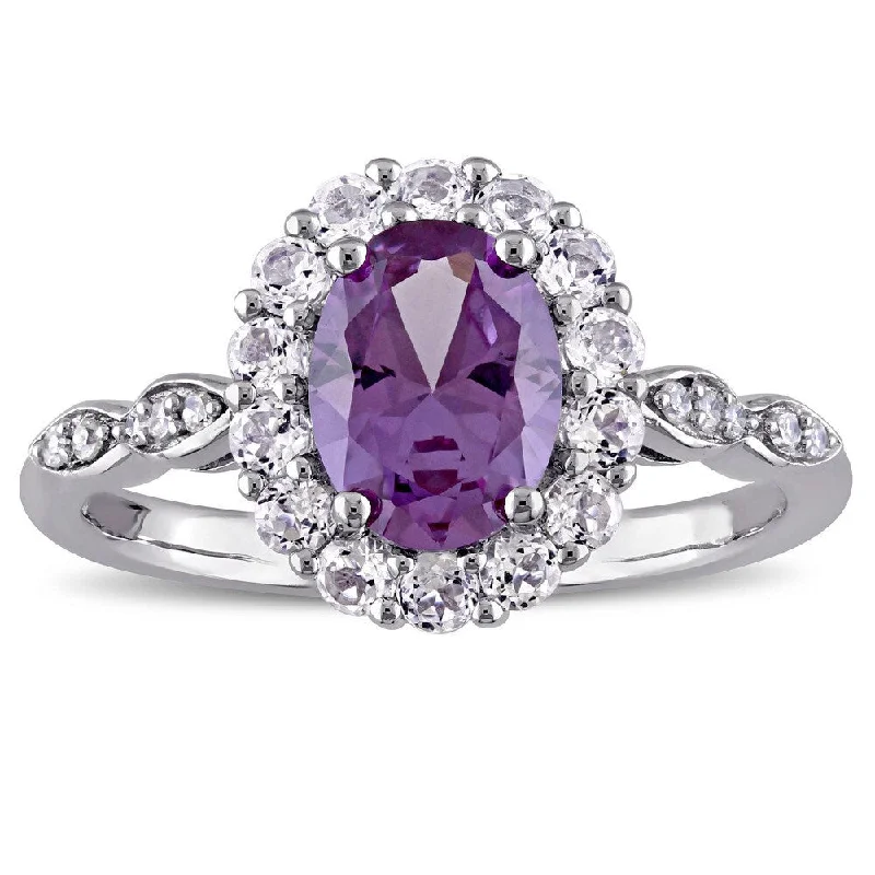 rose gold rings for women -Miadora 14k White Gold Created Alexandrite White Topaz and Diamond Accent Vintage Halo Ring - Purple