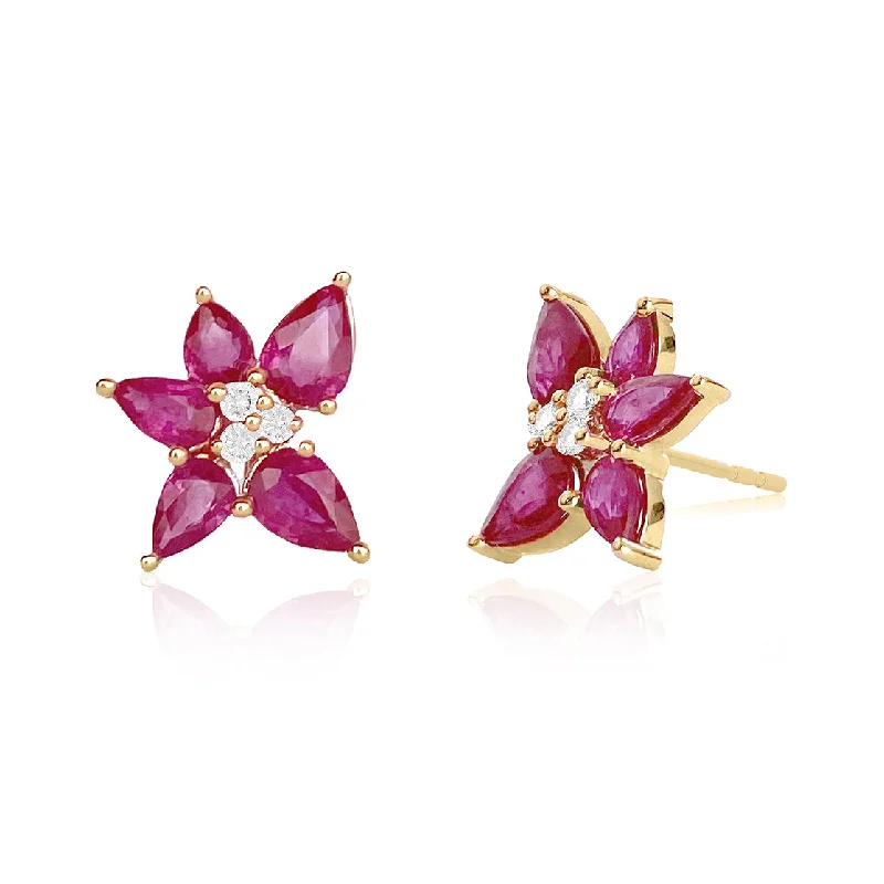 pearl earrings for women -Ruby & Diamond Trio Cluster Stud Earrings