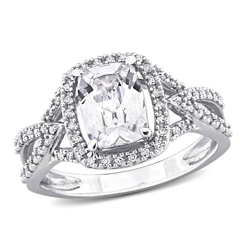 luxury diamond wedding rings -Miadora 2 1/5ct TGW Created White Sapphire and 1/6ct TDW Diamond Halo Split-Shank Ring in 10k White Gold