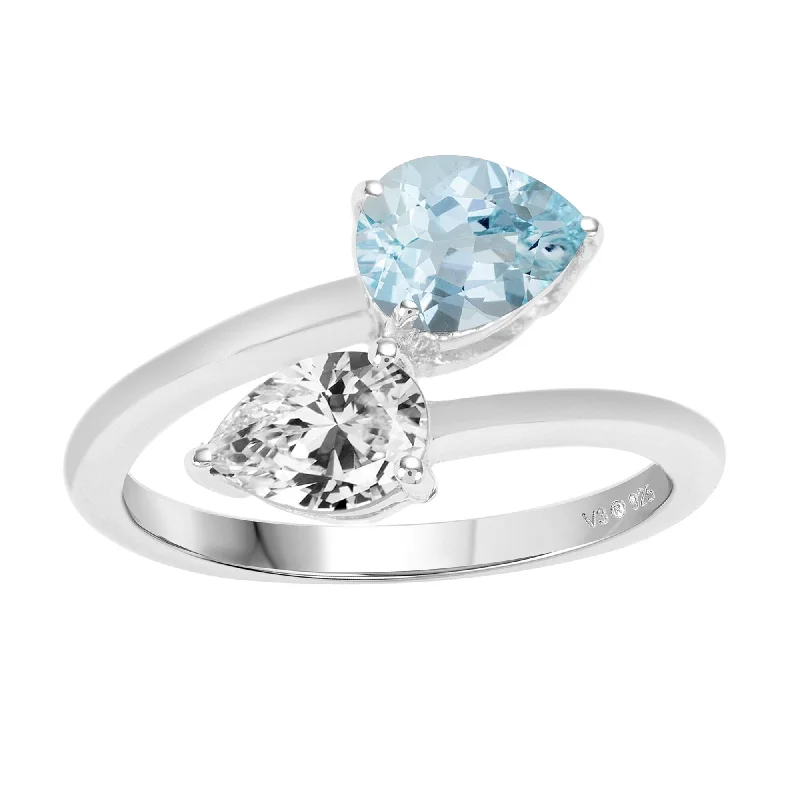 thick gold rings for women -Sterling Silver with Natural Aquamarine and White Topaz Bypass Ring