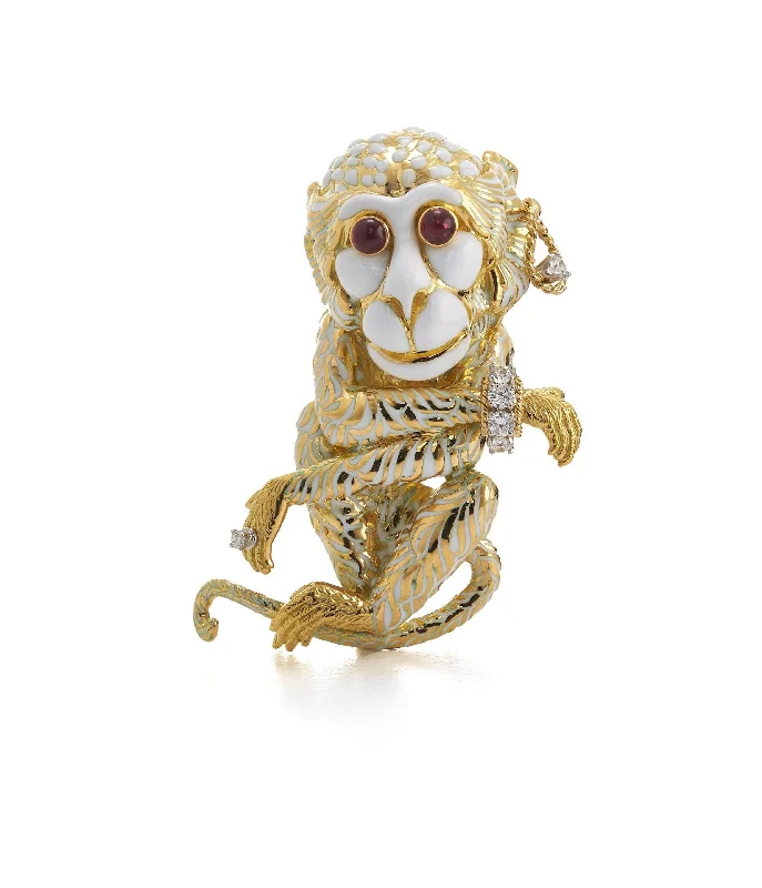 Gypsy Monkey Brooch, White Enamel