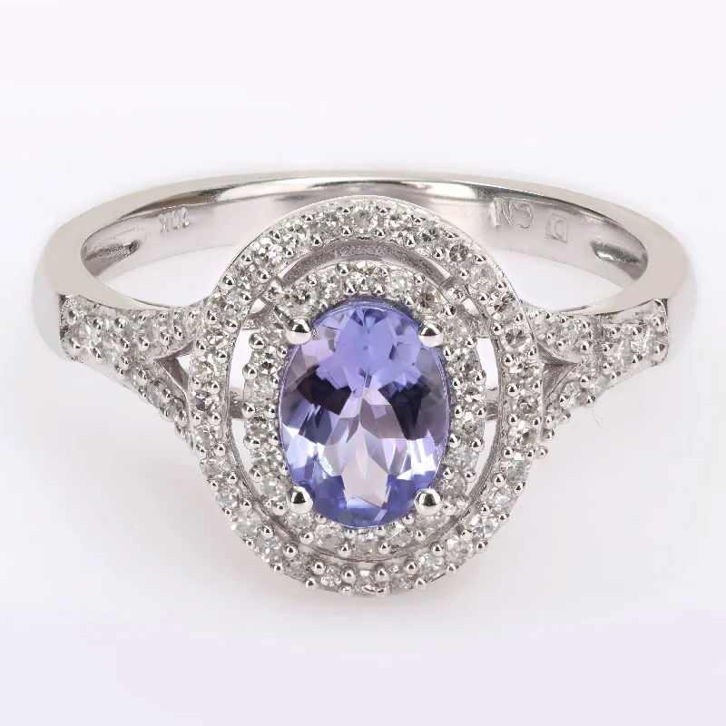 colorful gemstone rings -Miadora 10k White Gold Tanzanite and 1/4ct TDW Diamond Double Halo Split Shank Ring