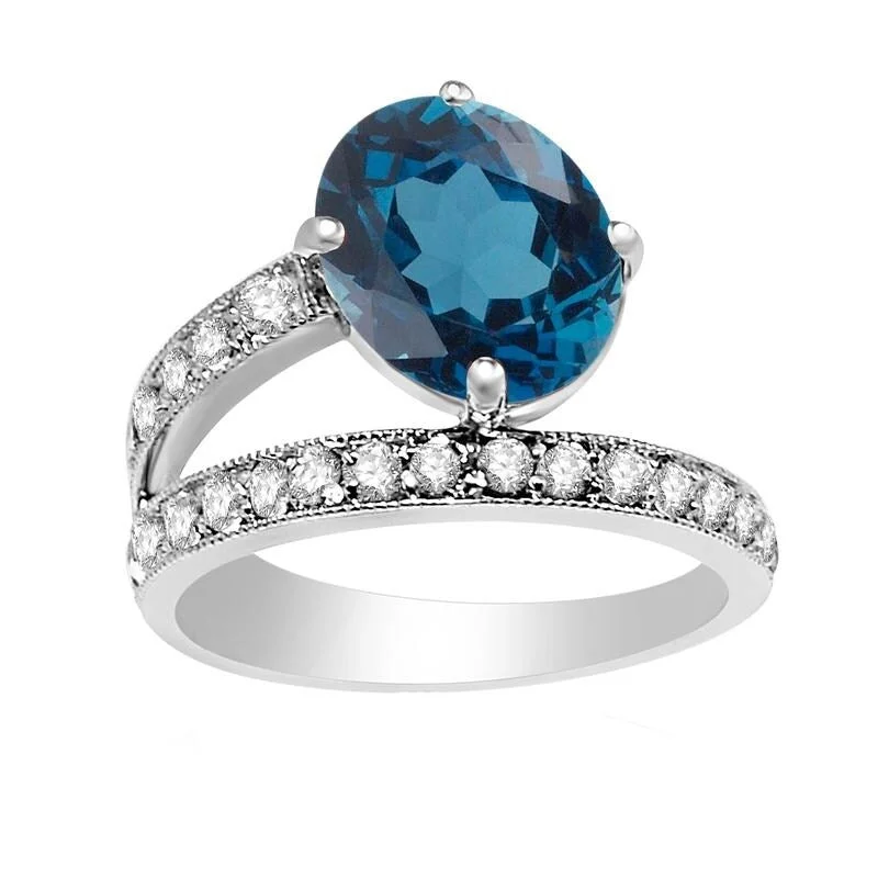 anniversary gemstone rings -Sterling Silver with Natural London Blue Topaz and White Topaz ring