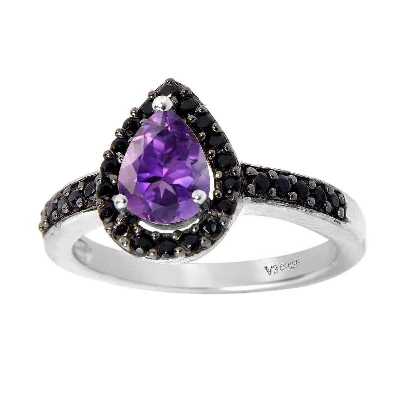 promise rings for women -Sterling Silver with Natural Amethyst and Black Spinel Halo Ring