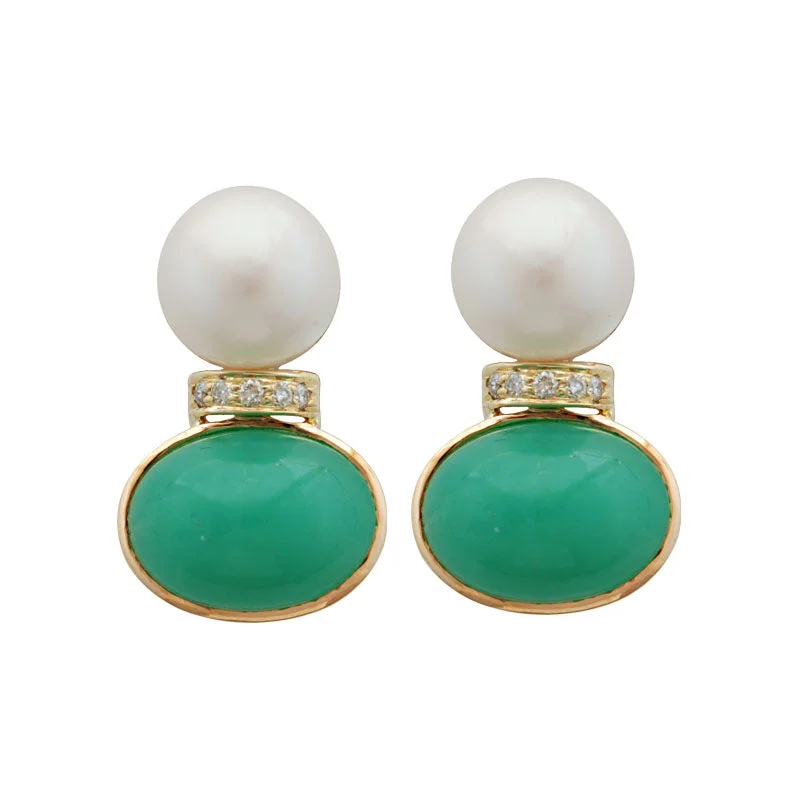 silver stud earrings for women -Earrings-Chrysoprase, Pearl and Diamond