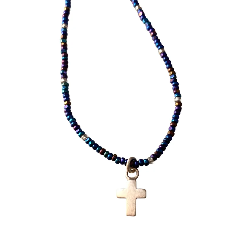 bridal necklaces for women -16” Beaded Sterling Cross Necklace