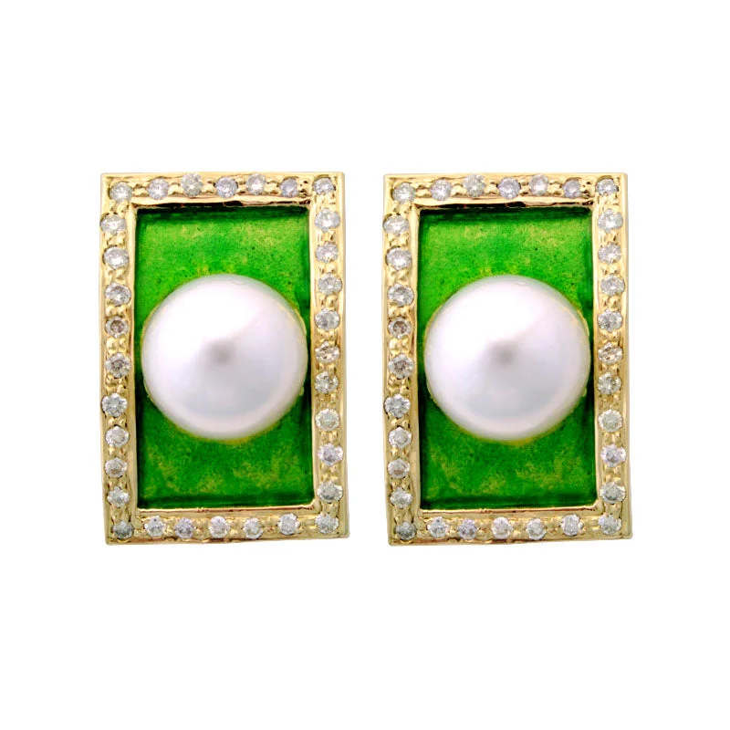 gemstone stud earrings -Earrings-Pearl and Diamond (Enamel)