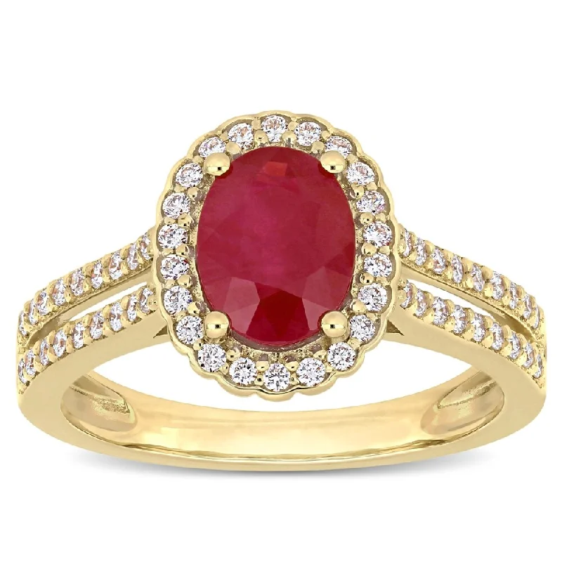 engraved rings for women -Miadora 14k Yellow Gold Ruby & 1/3ct TDW Diamond Halo Double Row Ring