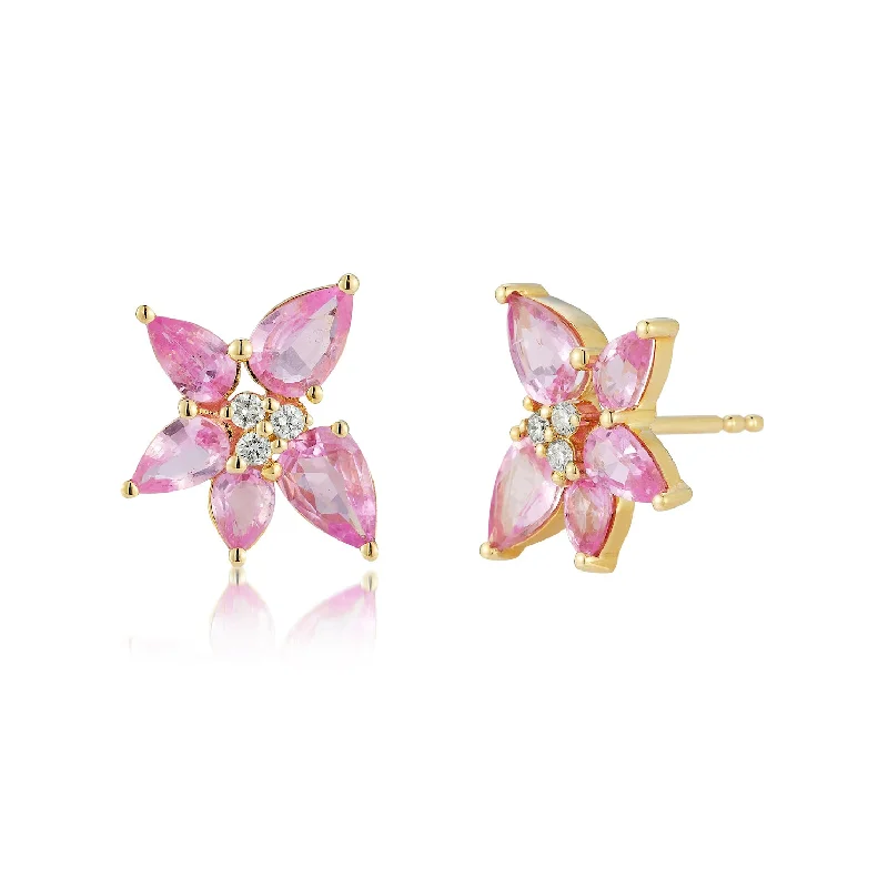 fancy earrings for women -Pink Sapphire & Diamond Trio Cluster Stud Earrings