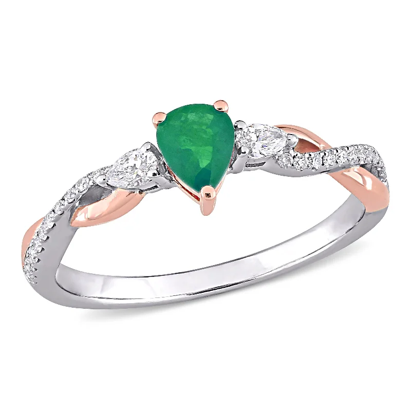 eternity rings for women -Miadora 1/3ct TGW Pear-Shape Emerald and 1/5ct TDW Diamond Halo Infinity Ring in 14k White Gold