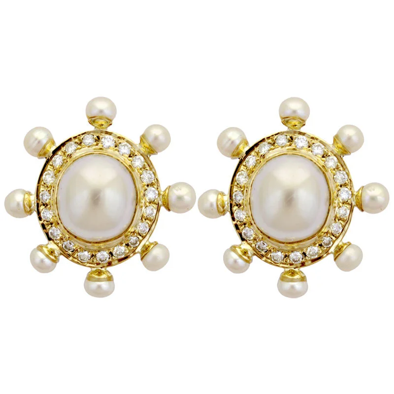 women's gold earrings -Earrings-Fresh Water Pearl, South Sea Pearl and Diamond