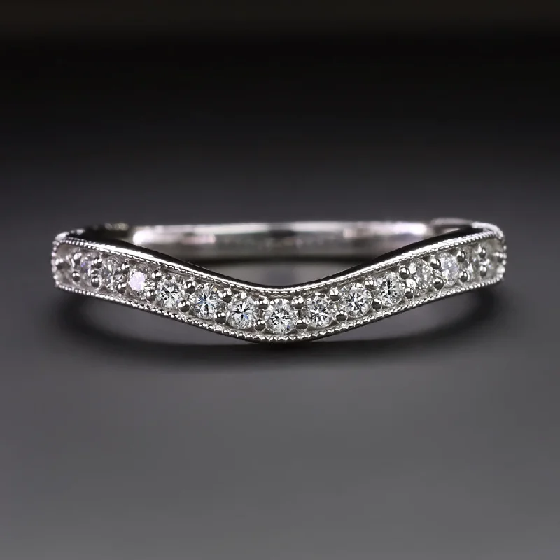 eternity diamond rings for women -VINTAGE STYLE CONTOUR WEDDING BAND DIAMOND STACKING RING 14k WHITE GOLD FLORAL