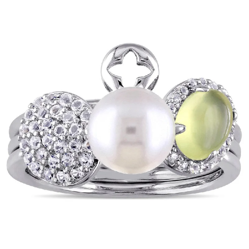 adjustable gold rings for women -Miadora Sterling Silver Cultured Freshwater Pearl Yellow Dyed Quartz White Topaz 3-Piece Stackable Ring Set (7.5- 8 mm)