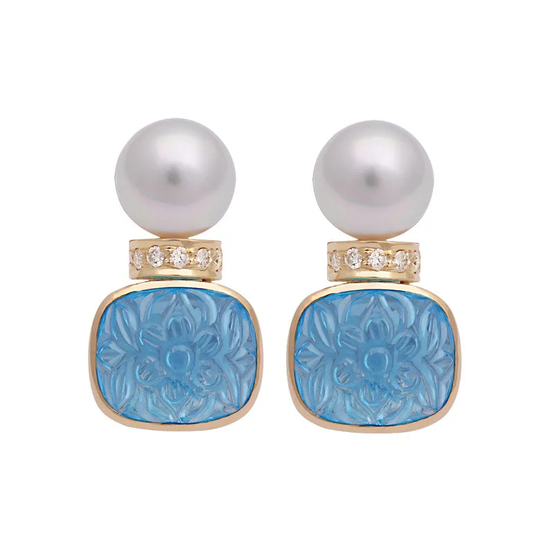 chic gold earrings for women -Earrings-Blue Topaz, South Sea Pearl and Diamond