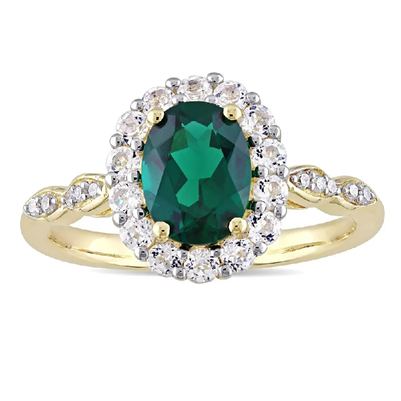 gold wedding bands for women -Miadora 14k Yellow Gold Created Emerald, White Topaz and Diamond Accent Vintage Halo Ring