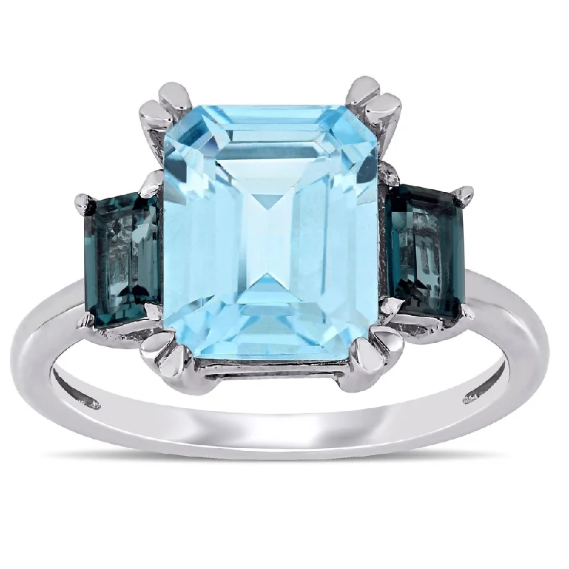 wedding set rings for women -Miadora 14k White Gold Octagon-Cut Sky and London-Blue Topaz 3-Stone Ring