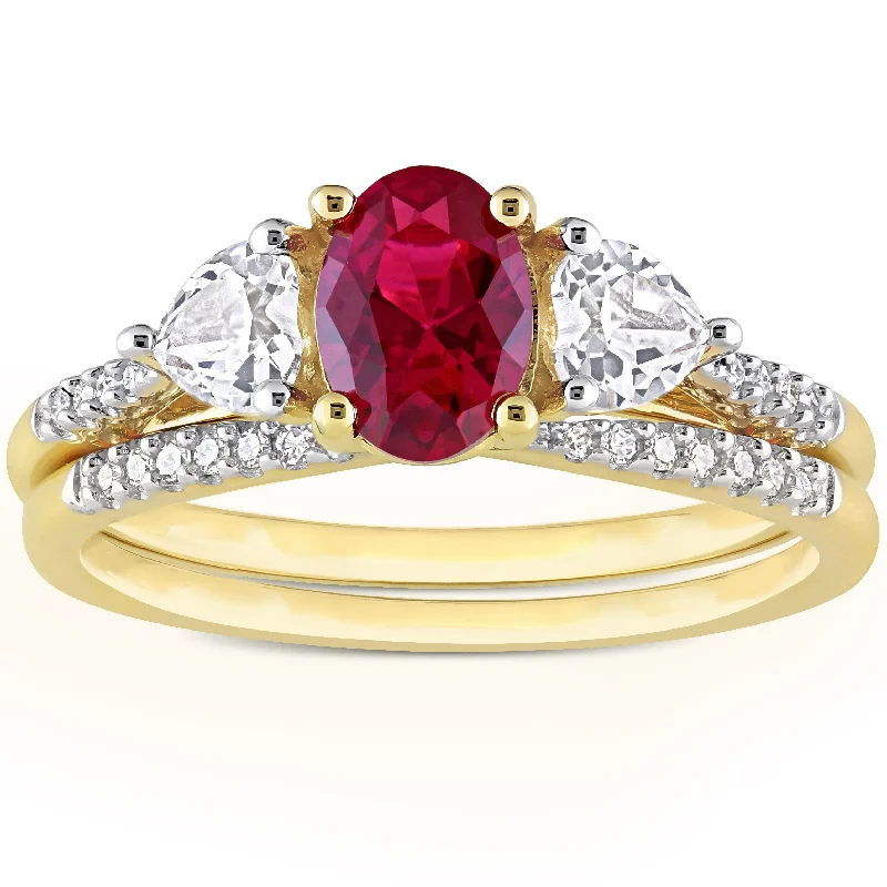 wedding rings for couples -Miadora 10k Yellow Gold Created Ruby White Sapphire & 1/10ct TDW Diamond 3-Stone Bridal Ring Set