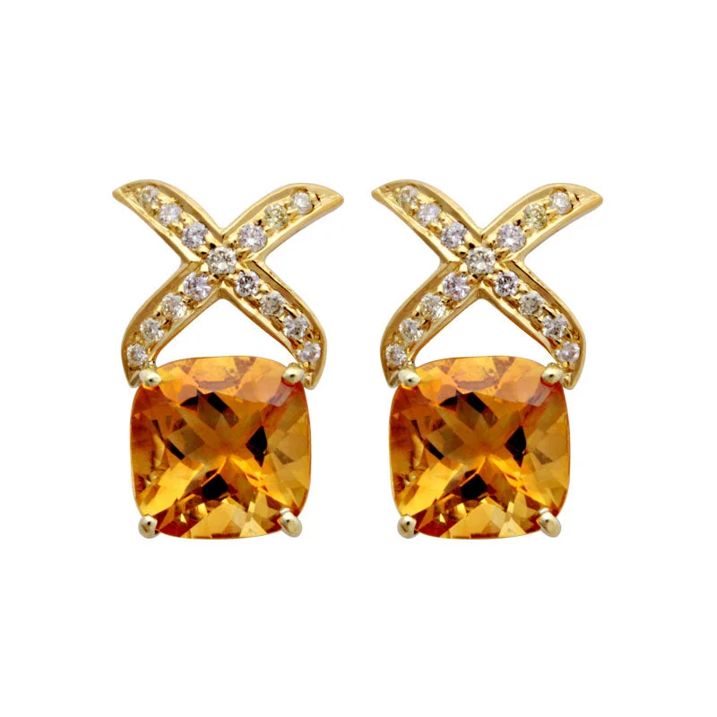 colored gemstone earrings for women -Earrings-Citrine and Diamond