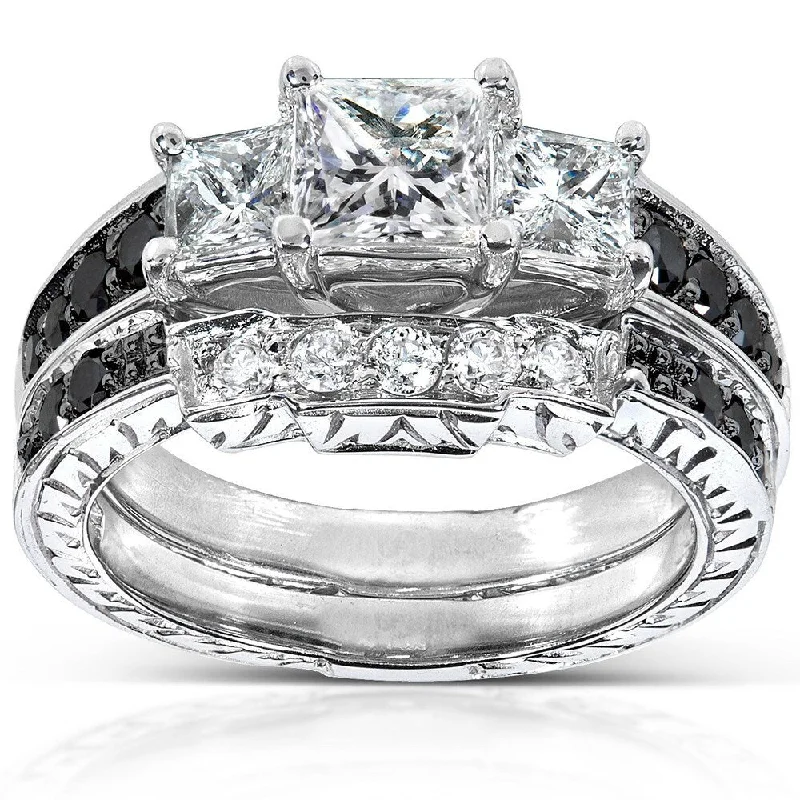 stackable rings for women -Annello by Kobelli 14k White Gold 1 3/5ct TDW Black and White Diamond Bridal Ring Set