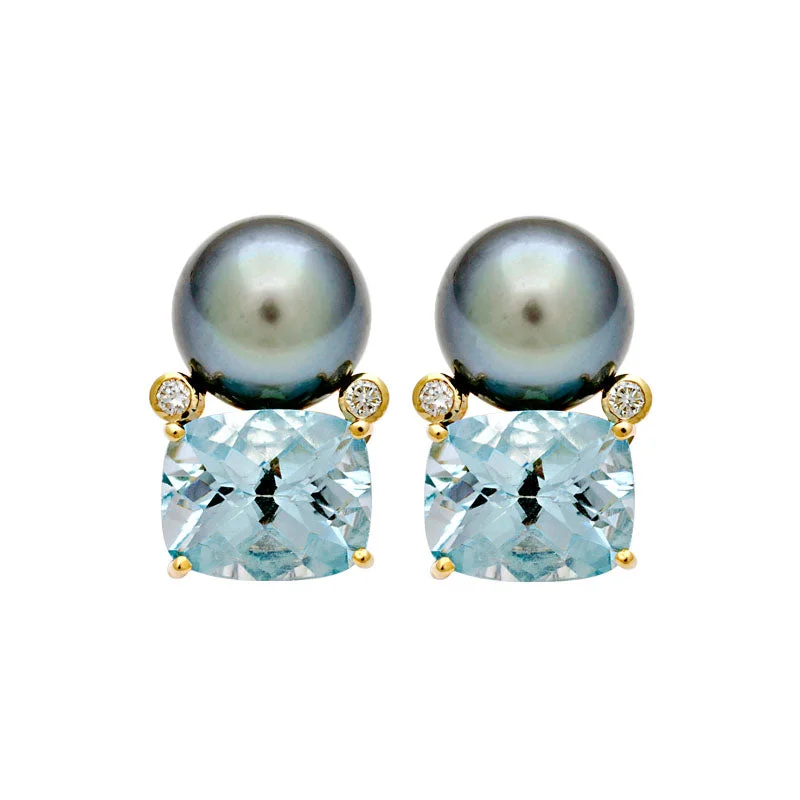 multi-colored earrings for women -Earrings-Blue Topaz, South Sea Pearl and Diamond