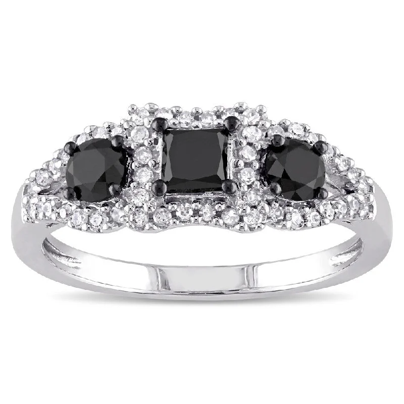 luxury diamond wedding rings -Miadora 10k White Gold 1ct TDW Black and White Diamond 3-stone Halo Ring