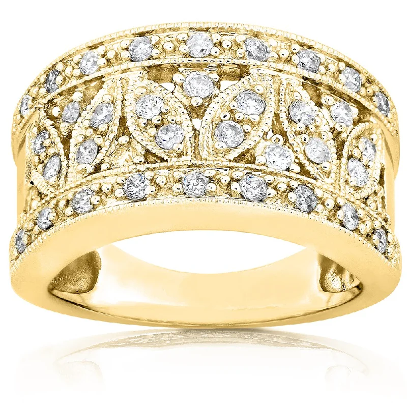 heart diamond rings for women -Annello by Kobelli 14k Yellow Gold 1/2ct TDW Diamond Floral Wide Band Anniversary Ring