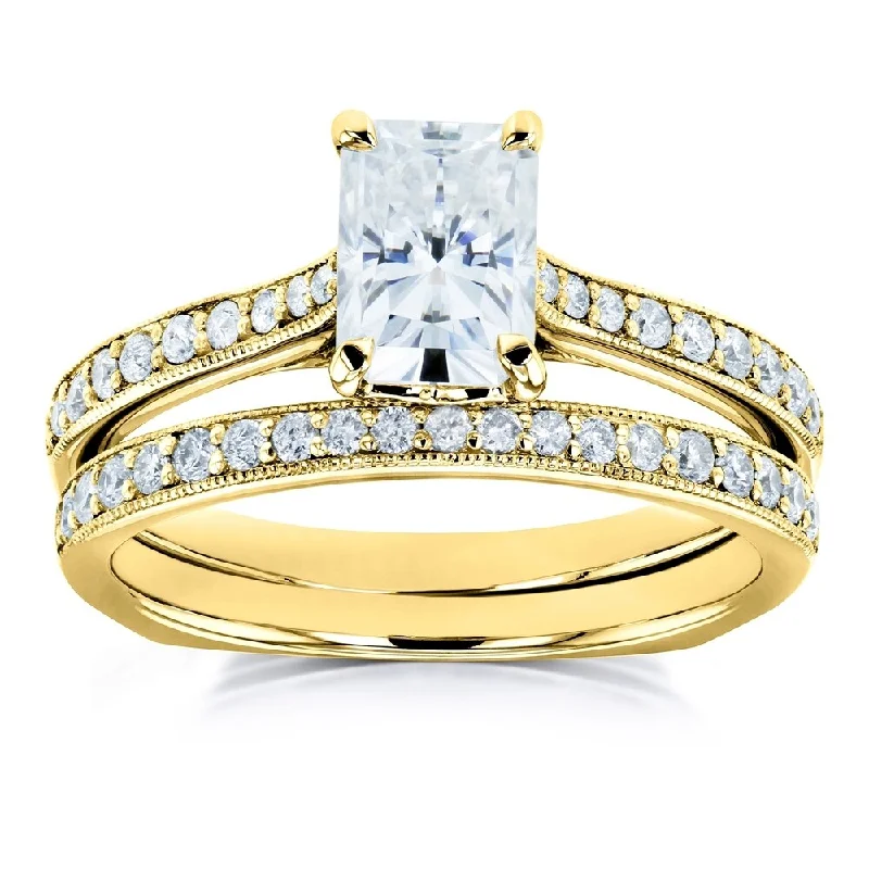 halo engagement rings -Annello by Kobelli 14k Gold 1 3/5ct TGW Radiant Moissanite and Diamond Square Band Trellis Bridal Rings Set (DEF/VS, GH/I)