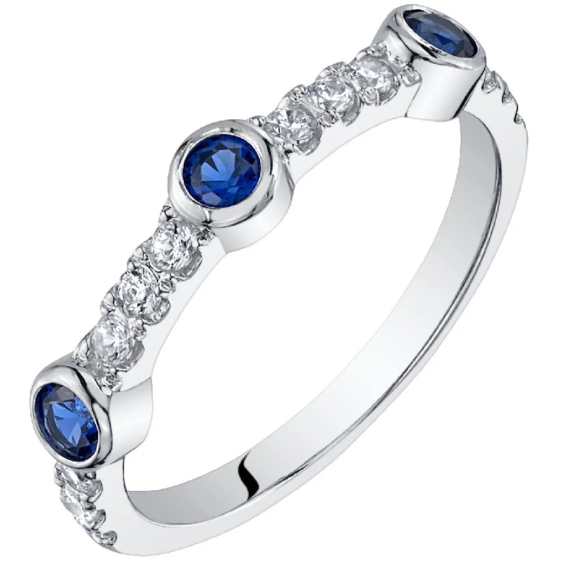 engagement rings for brides -Sterling Silver Created Blue Sapphire Bezel Half Eternity Ring