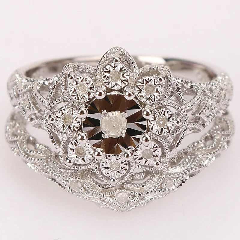 colored gemstone engagement rings -Miadora Sterling Silver 1/10ct TDW Diamond Floral Vintage Bridal Ring Set