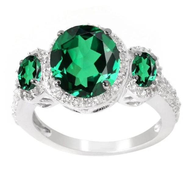 fashion engagement rings -Sterling Silver Oval Emerald and White Topaz Three Stone Halo Ring - Green