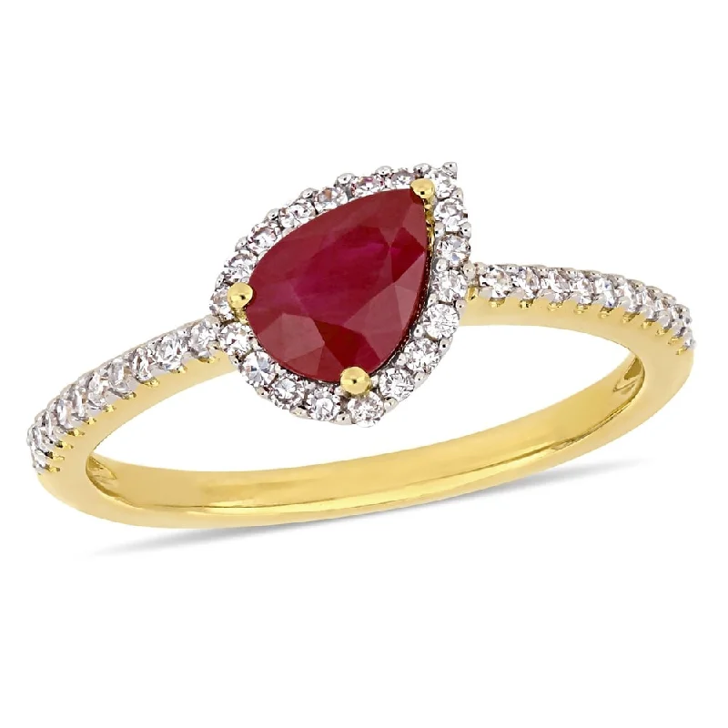 pearl rings for women -Miadora Yellow Gold Ruby & 1/5ct TDW Diamond Teardrop Halo Ring