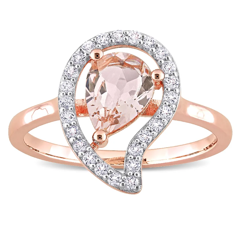 silver rings for women -Miadora Morganite and White Topaz Halo Teardrop Ring in Rose Plated Sterling Silver