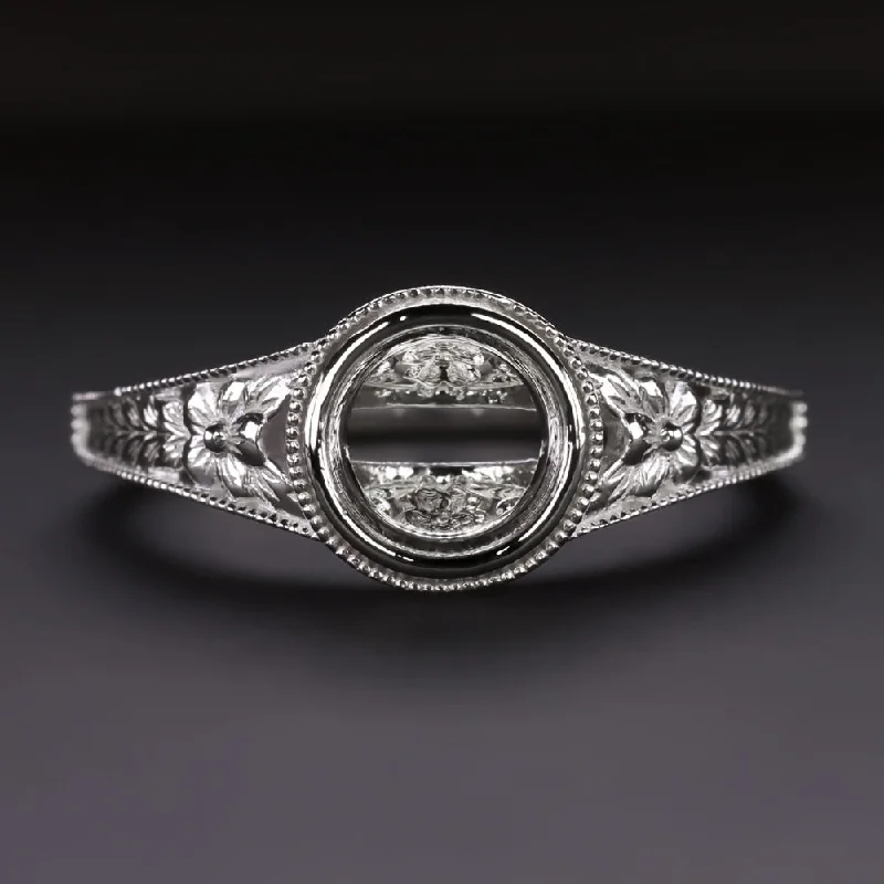 art deco rings for women -VINTAGE STYLE RING SETTING BEZEL MOUNT FLORAL ENGRAVED 14k WHITE GOLD ENGAGEMENT