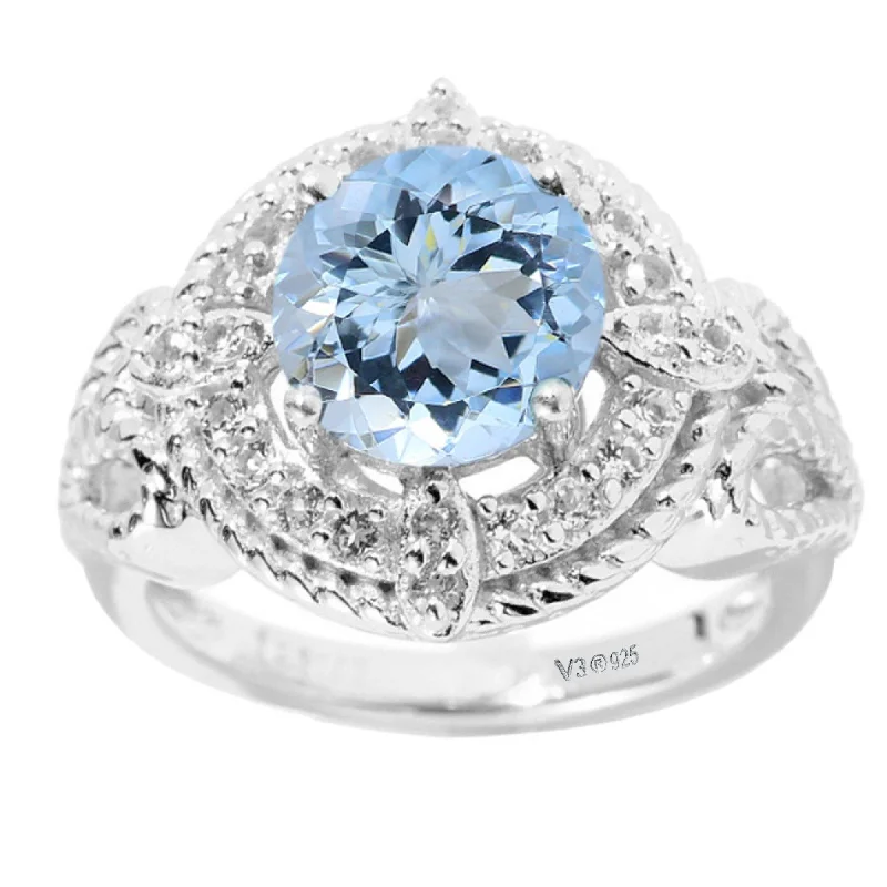 vintage solitaire rings -Sterling Silver with Natural Aquamarine and White Topaz Halo Ring