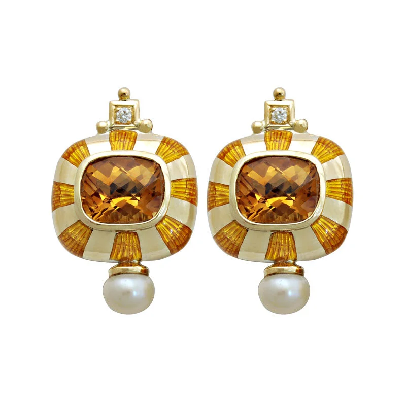 crystal earrings for women -Earrings-Citrine, Pearl and Diamond (Enamel)