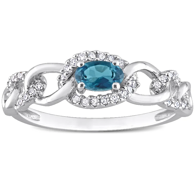 luxury rings for women -Miadora 10k White Gold London Blue Topaz and 1/8ct TDW Diamond Stackable Link Ring