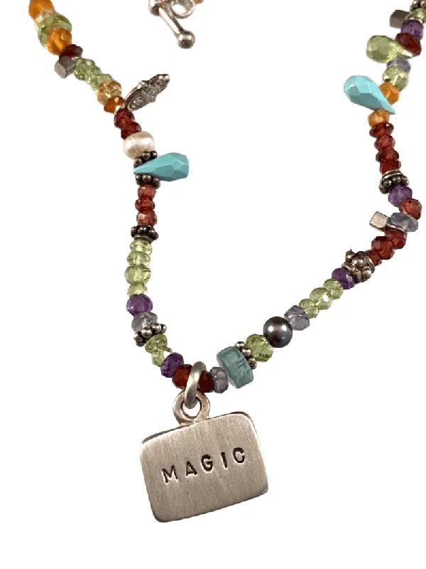 charm necklaces for women -20" Multi Gemstone Magic Tag Charm Necklace